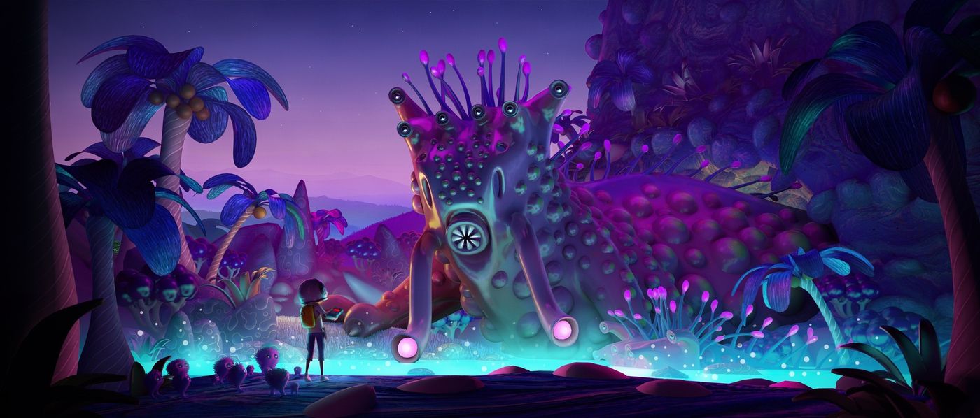 Aku standing in a glowing purple alien valley beside a huge creature with tentacles and a spinning eye