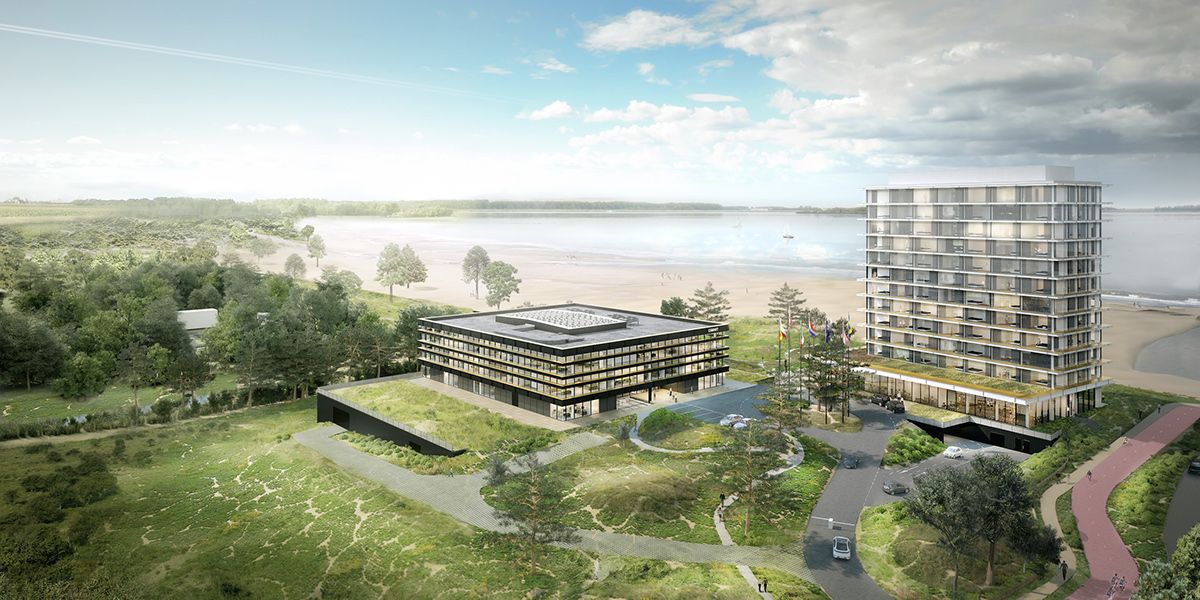 Aerial view of a low office building and a tall apartment tower among dunes beside a beach — masterplan visualisation