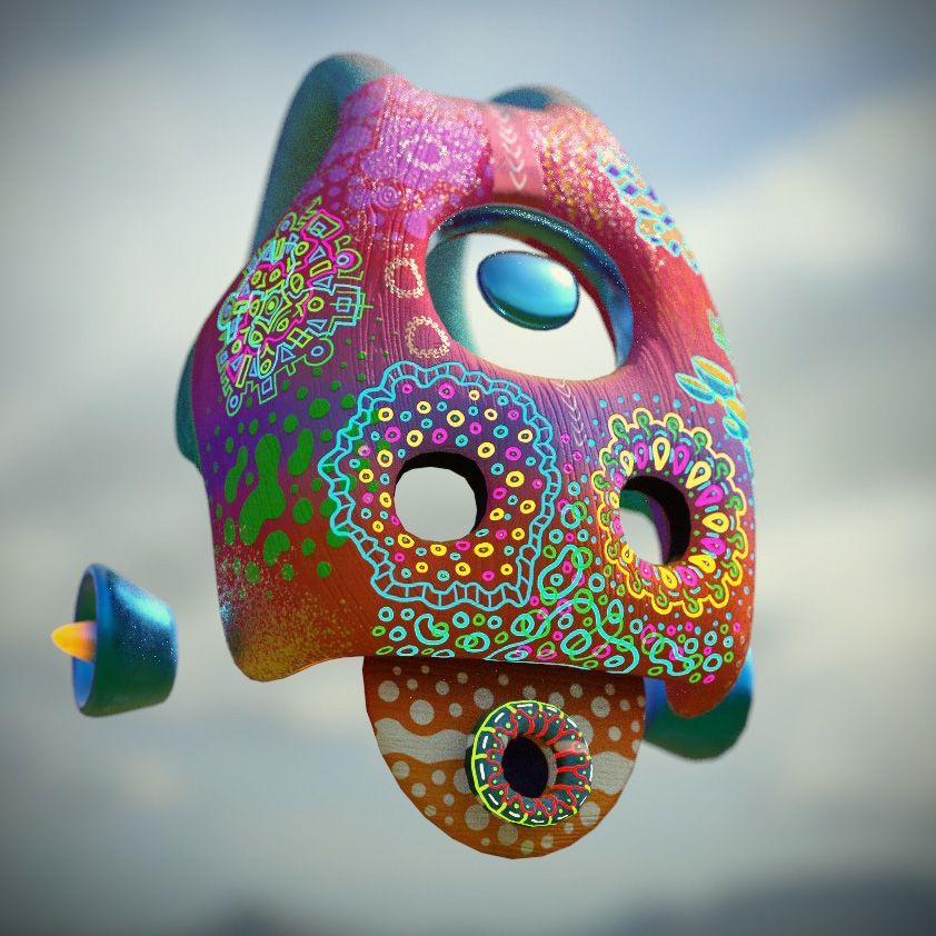 A colourful patterned skull-like creature floating in a cloudy sky