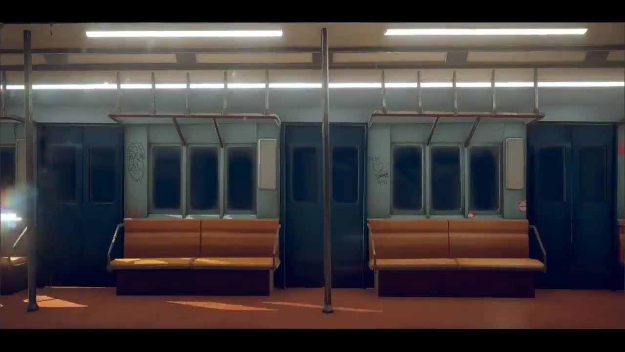 An empty subway carriage with orange seats and cold fluorescent light — Sonder, with sound