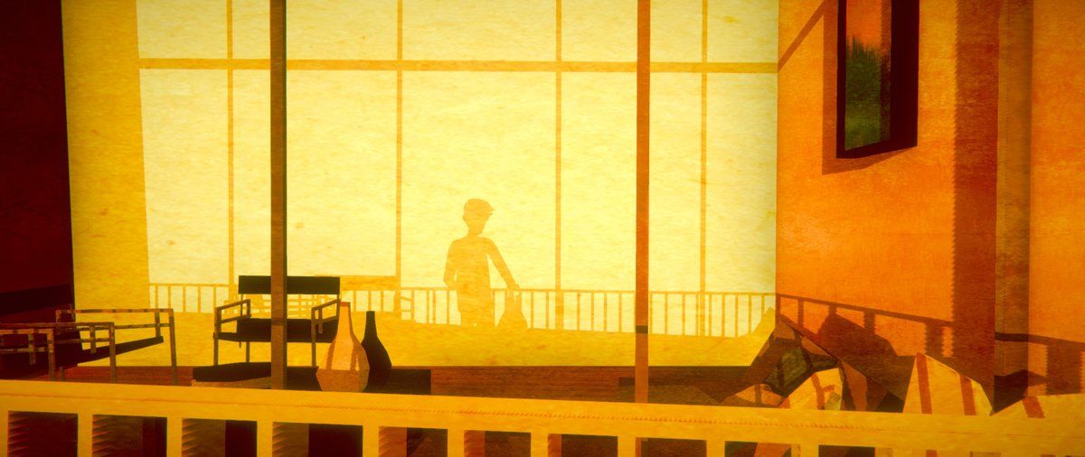 A silhouetted figure standing on a balcony at sunset, warm yellow light through the railings — from Sonder