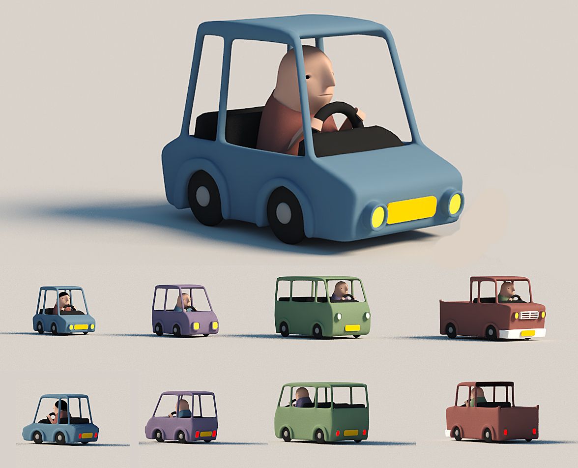 A cartoon car with a driver, plus a sheet of small car variants in different colours