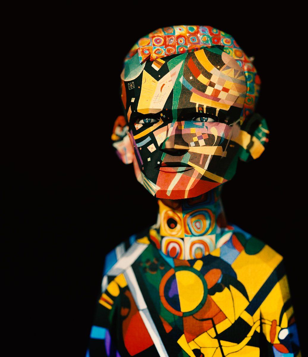 A 3D bust of a man covered head to shoulders in bright colourful graffiti-style patterns