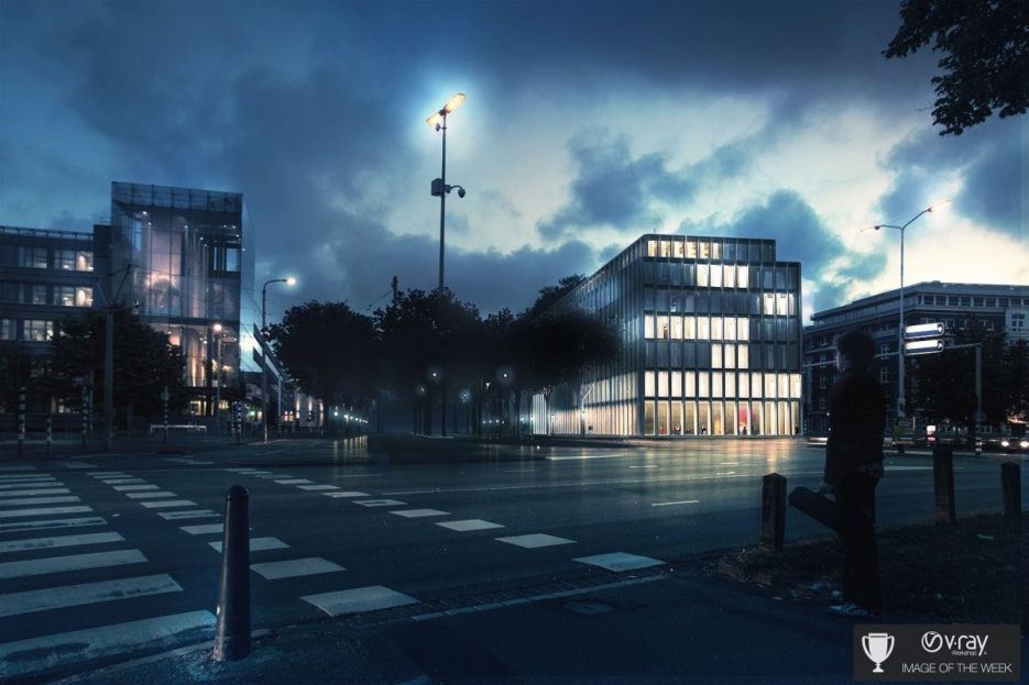 A city crossing at night under a stormy sky, glass office buildings lit from within — exterior visualisation, V-Ray Image of the Week