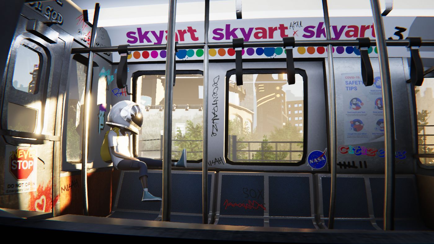 Sky Art × Aku — Aku sitting in a bus wrapped in Sky Arts branding, city outside the windows