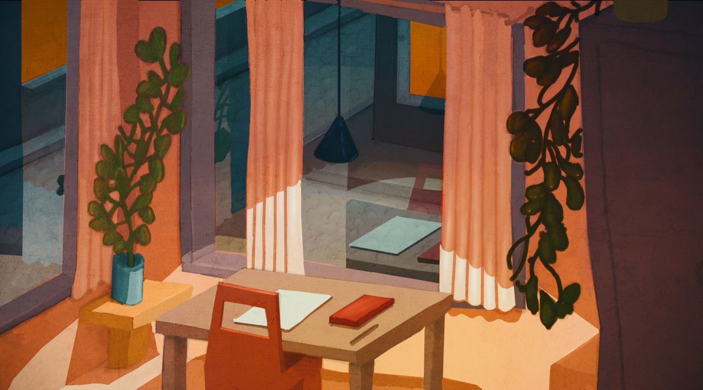 A sunlit study interior with orange curtains, a wooden desk and hanging plants, in flat painted style