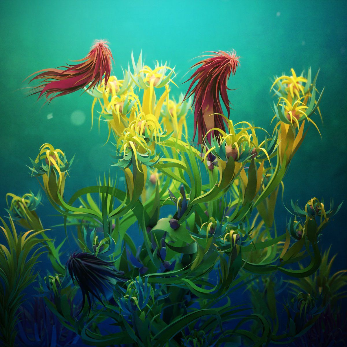 An underwater scene of yellow and red seaweed and sea creatures on a dark blue background