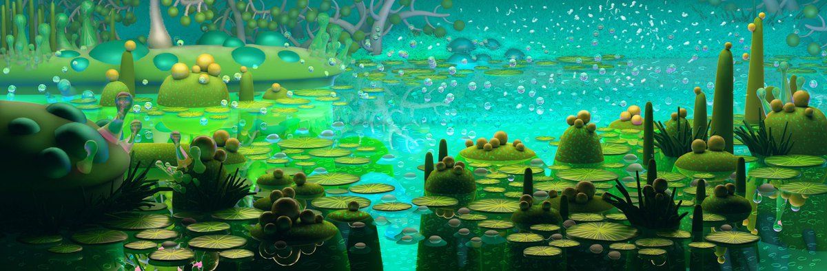A lush green swamp landscape with lily pads, glowing lights and small islands, low-poly style