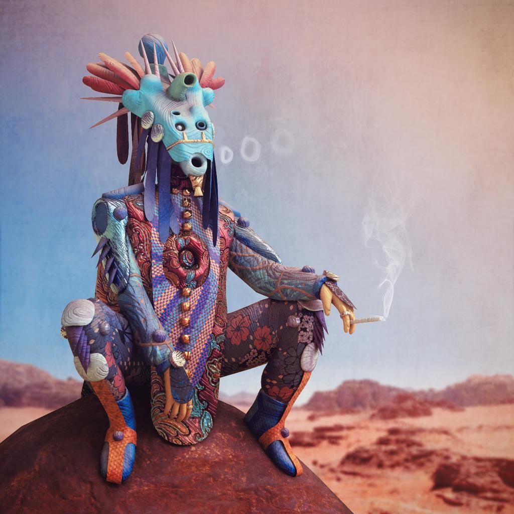 A colourful patchwork character crouching in a desert landscape, smoking