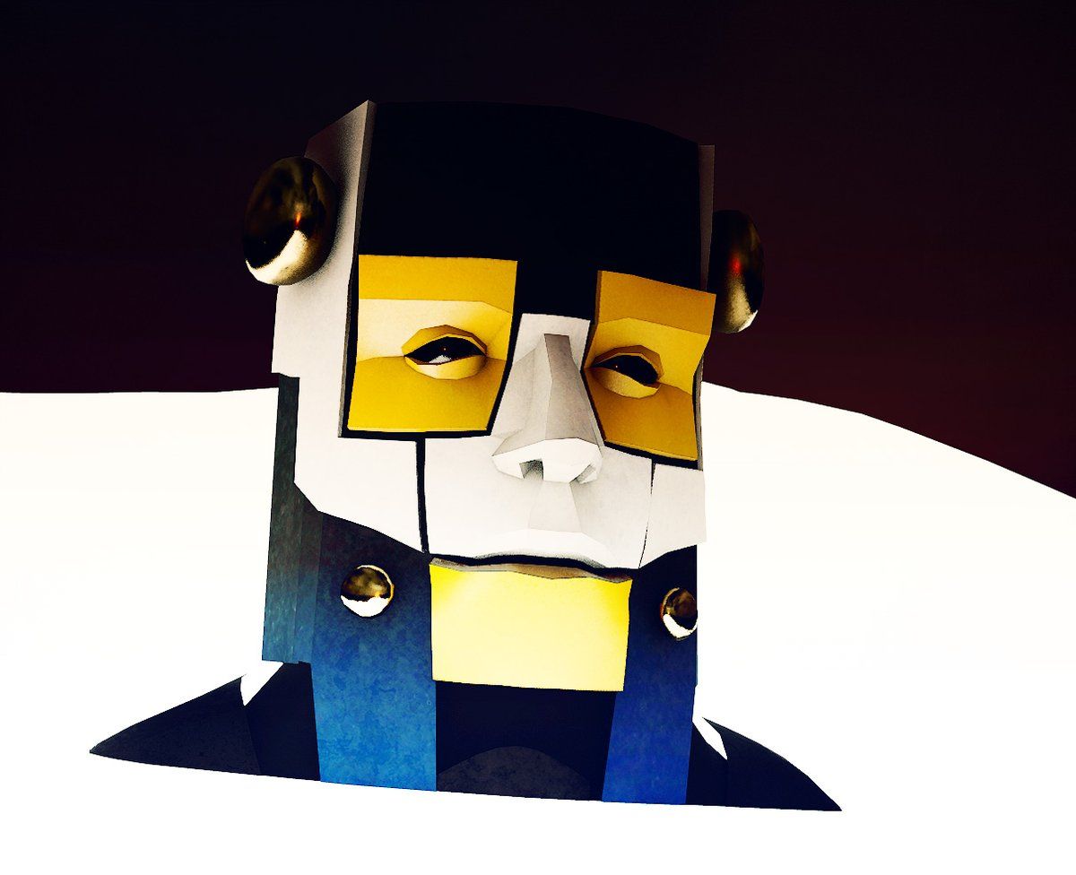 A cubist paper-craft head with yellow eyes and dark blue facets on white