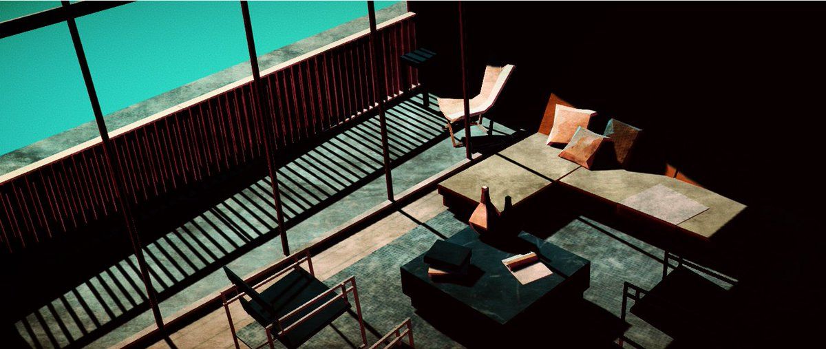 A dim lounge interior with a sofa, seen from above through railings — Sonder
