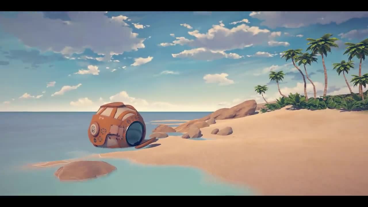 Animated diorama of a small rover on a tropical beach with palm trees and rocks, with sound