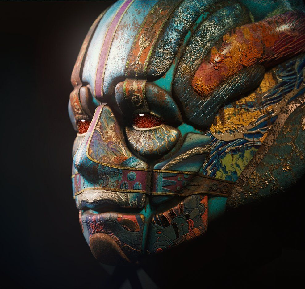 A face covered entirely in intricate coloured patterns and gold, like a painted mask, in dramatic side light