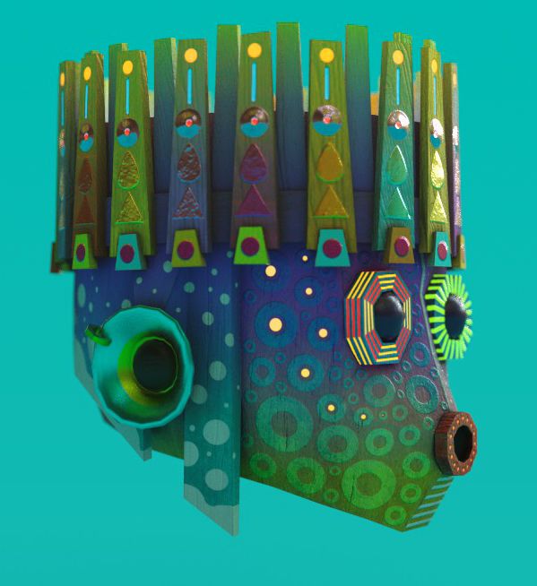 A teal robotic creature head with a crown of glowing spires, on a turquoise background