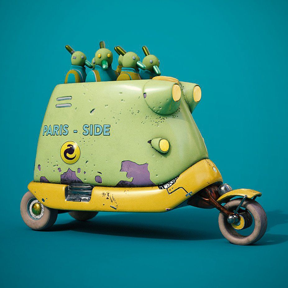 A weathered green-and-yellow three-wheeled scooter with a row of small green creatures sitting on its roof, against a teal background