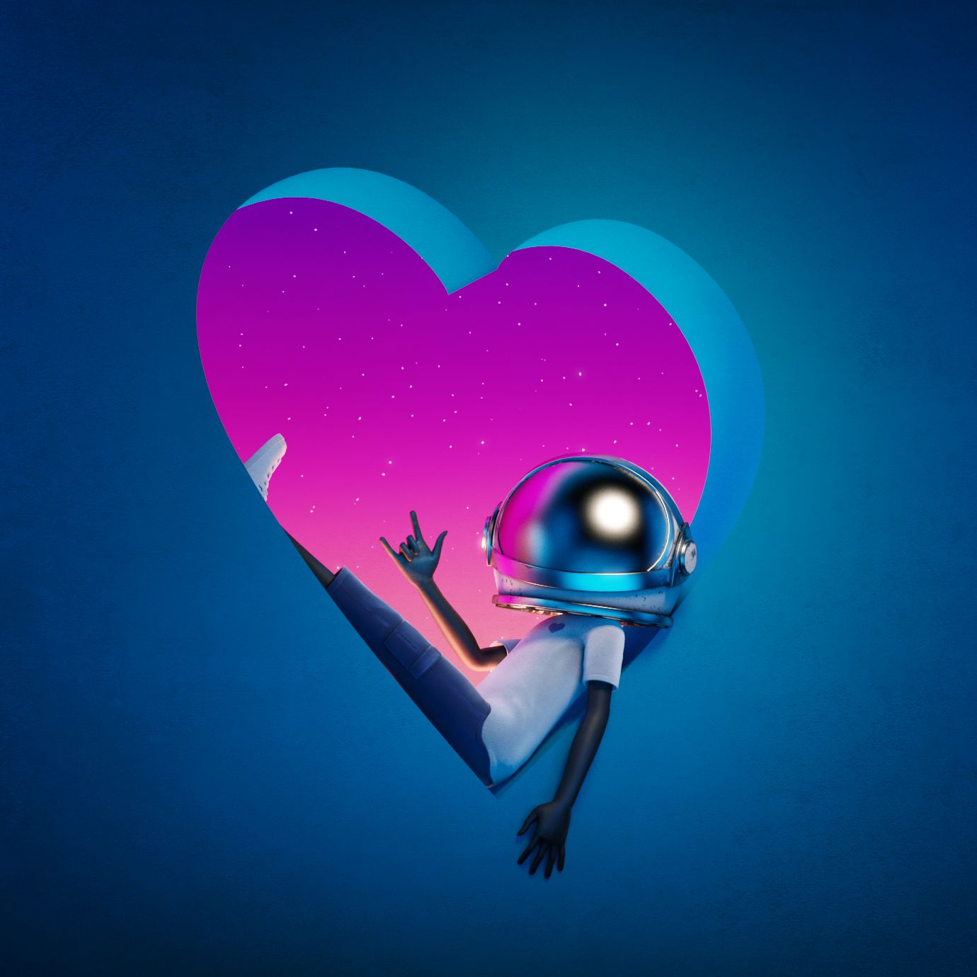 Aku with a jet pack flying into a giant pink heart against a blue sky