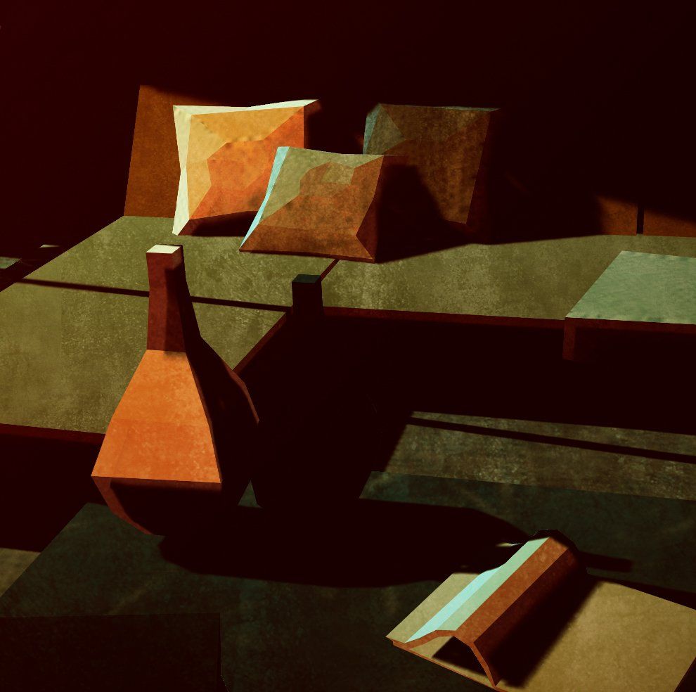 Still life of cushions and a bottle on a table in warm orange and red light — from Sonder