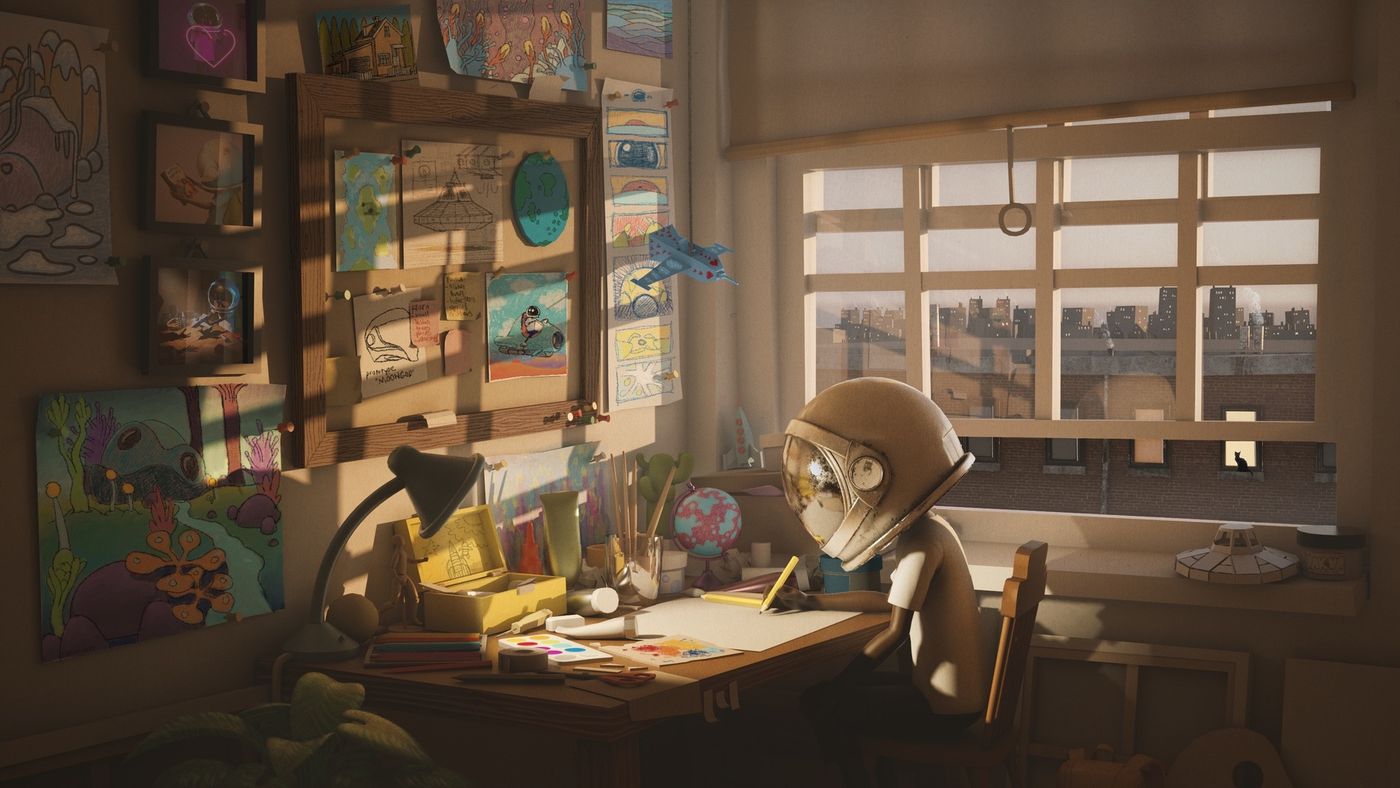 Aku at his drawing desk in a sunlit room, walls covered with sketches, a city skyline through the window