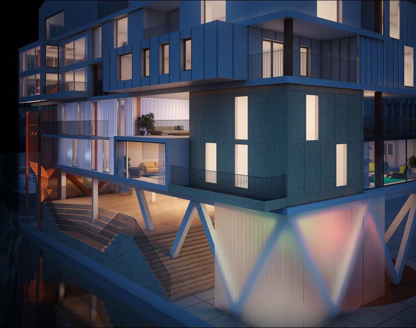 A dark-blue apartment block at dusk with lit windows, raised on white V-shaped columns over a stepped terrace — exterior visualisation