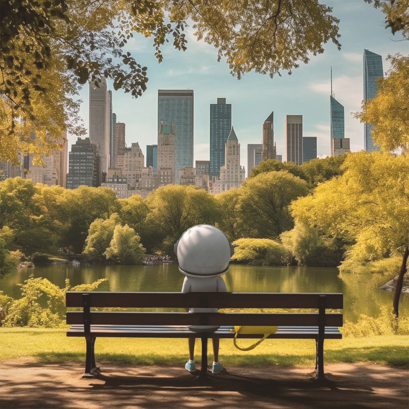 Aku sitting alone on a park bench in Central Park with the New York skyline behind the trees