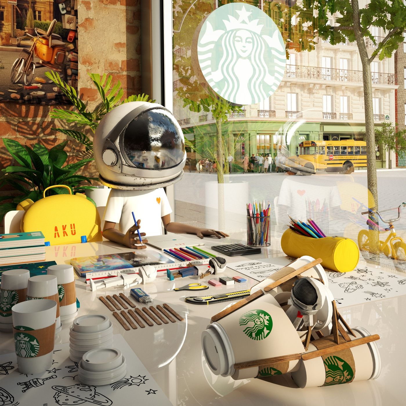 Starbucks × Aku — Aku drawing at a café window table covered in cups, pencils and a cardboard rocket