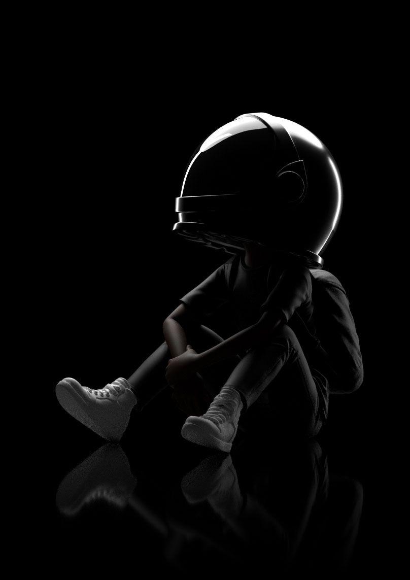 Aku in a dark suit and helmet sitting on the floor, lit by a single edge light against black