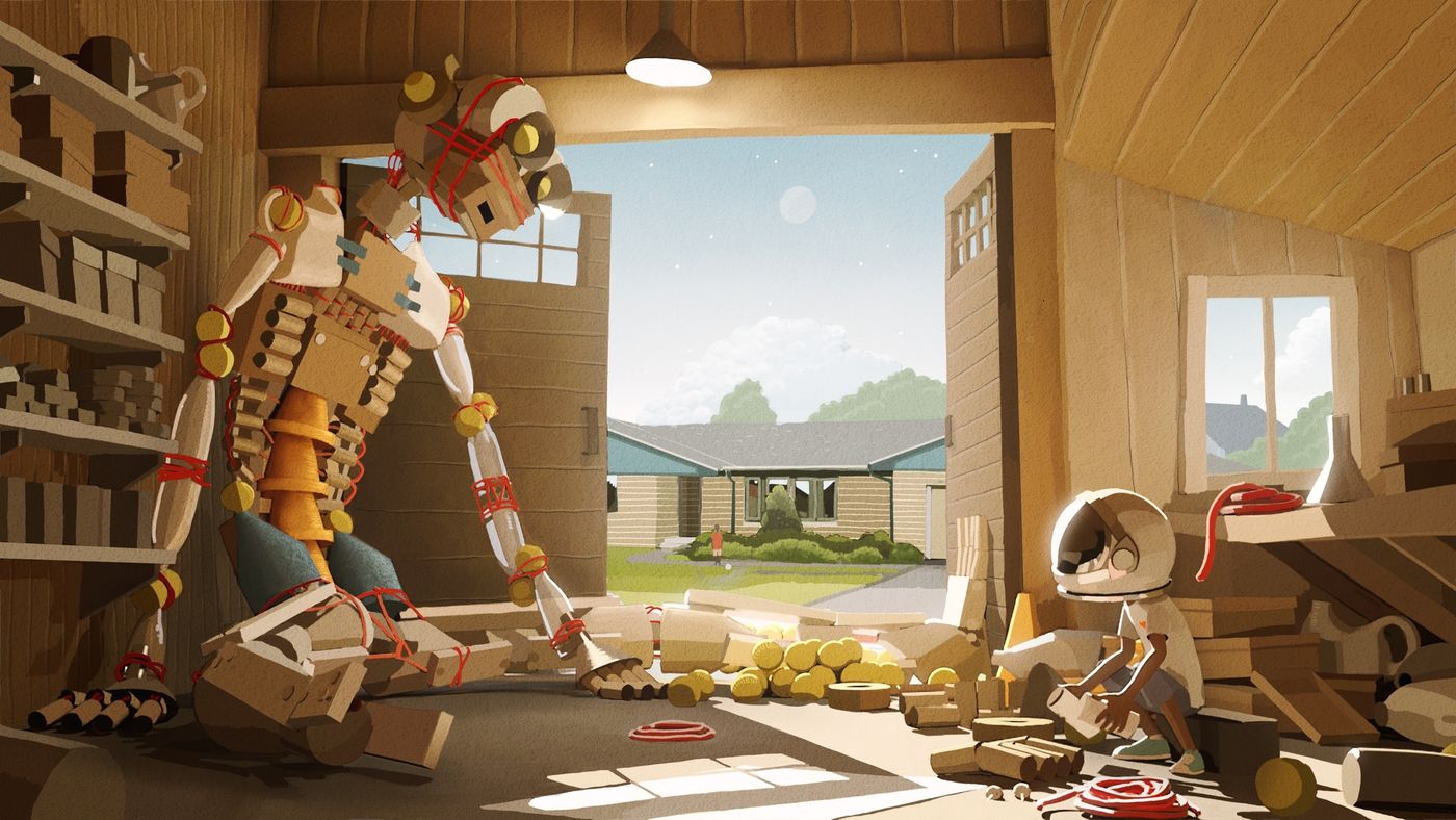 Aku building a huge cardboard robot on the floor of a wooden garage, a green lawn outside the door