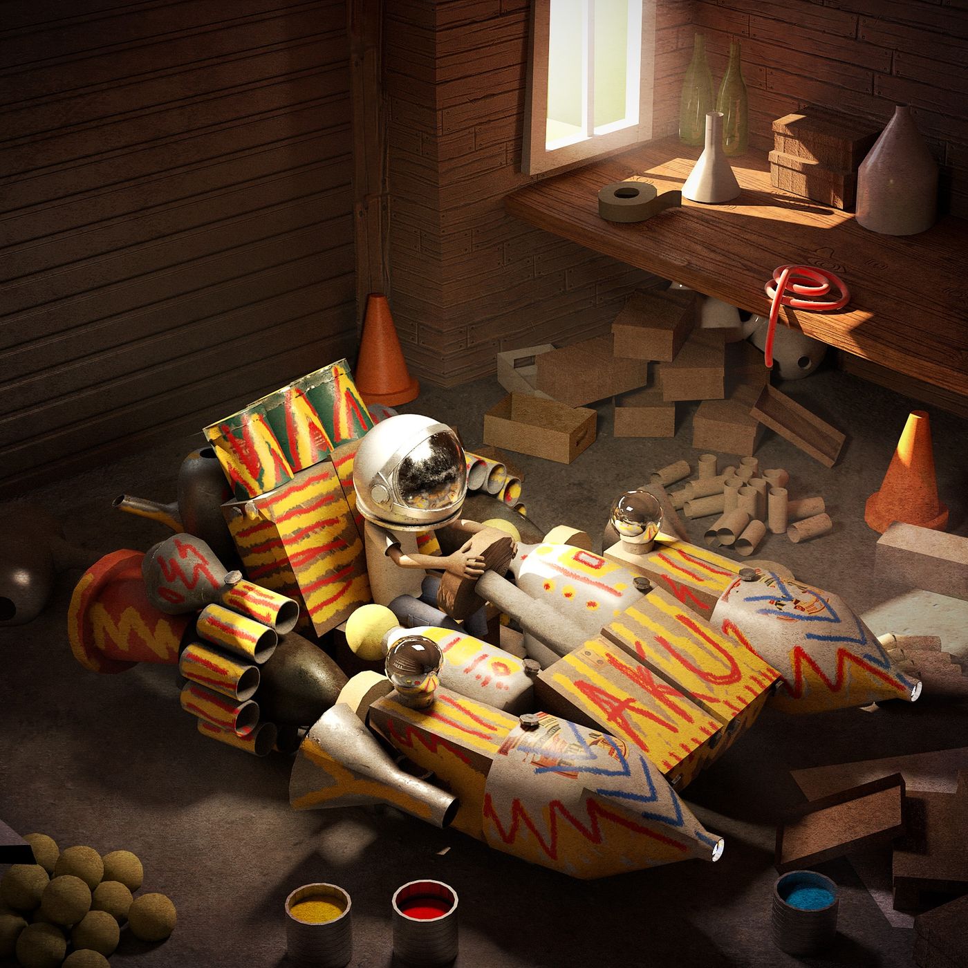 Aku sitting in a wooden attic building a cardboard rocket from boxes and tape