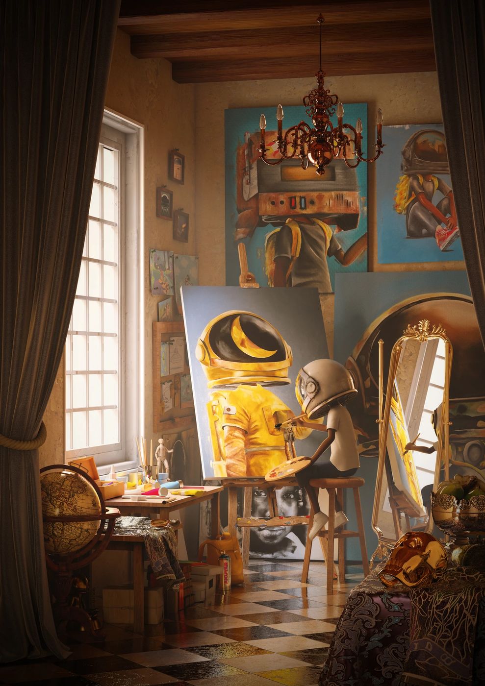Aku painting at an easel in a warm, cluttered artist's studio with a chandelier and mirror