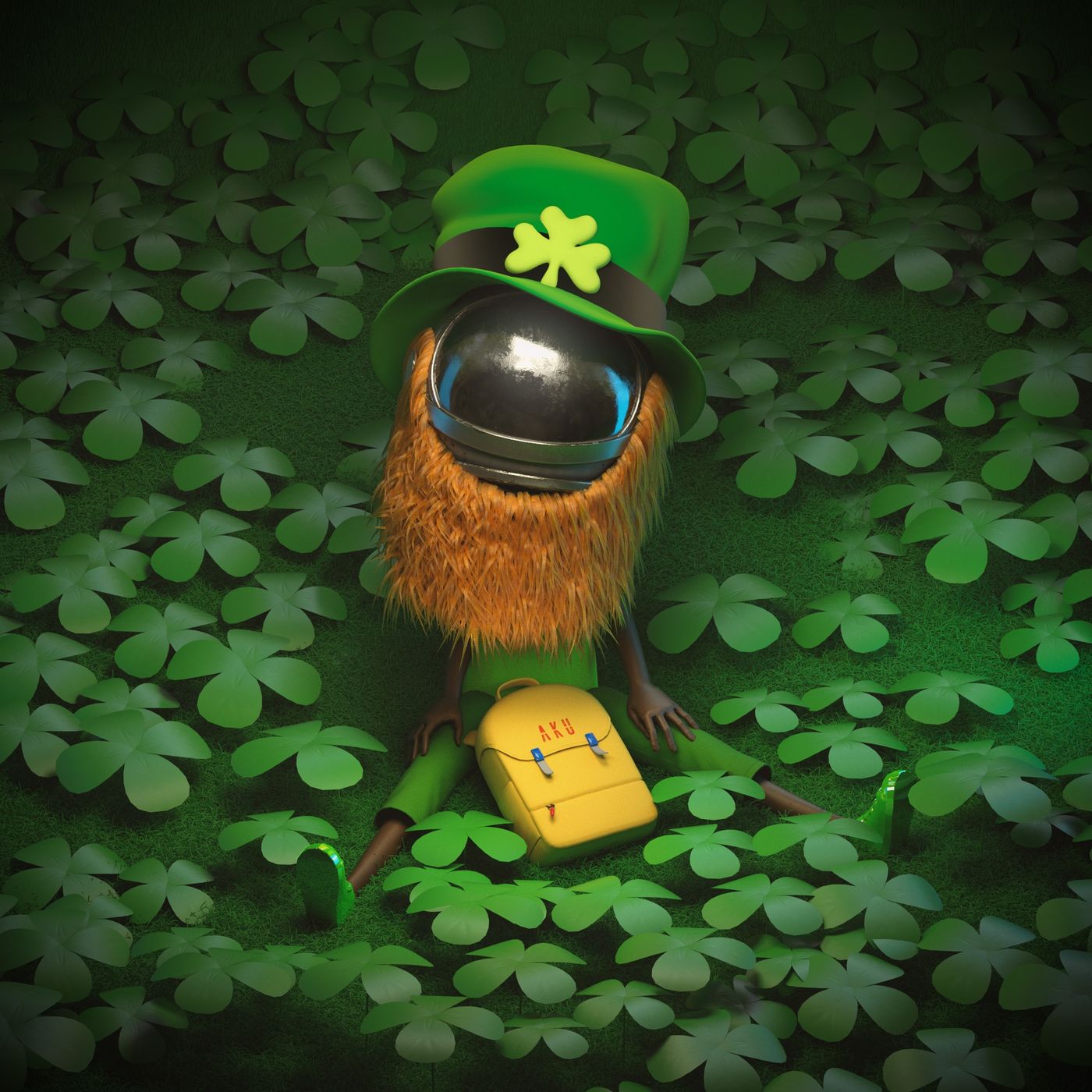 Aku lying in a field of four-leaf clovers wearing a green top hat — a St Patrick's Day illustration