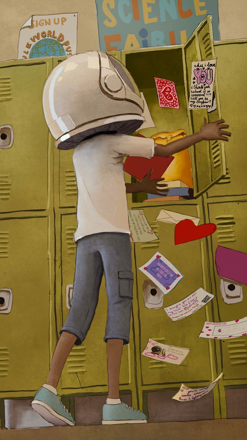 Aku standing at an open school locker covered in photos and stickers