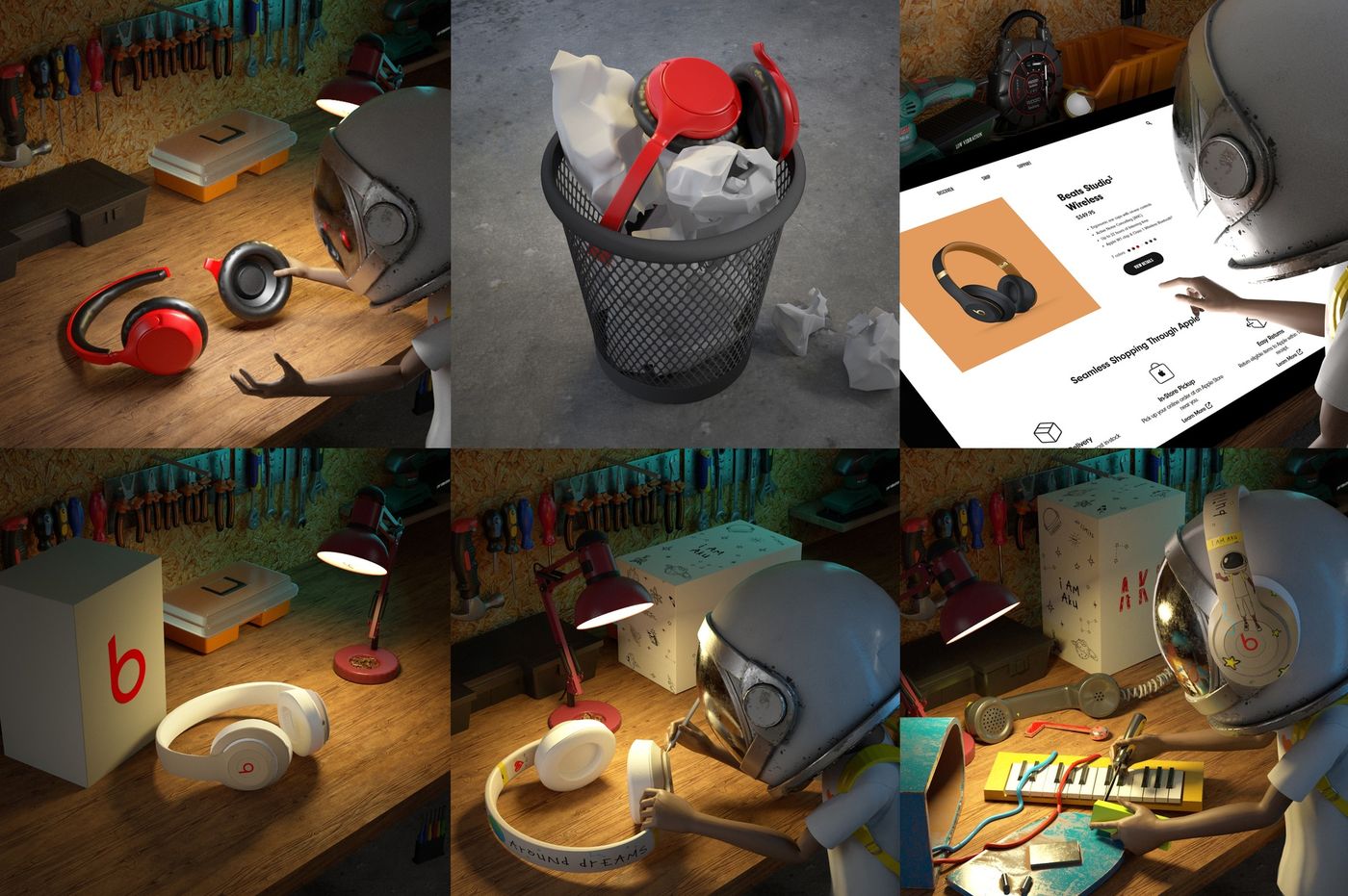 Beats by Dre × Aku — a grid of hand-drawn custom headphones and packaging photographed on a desk