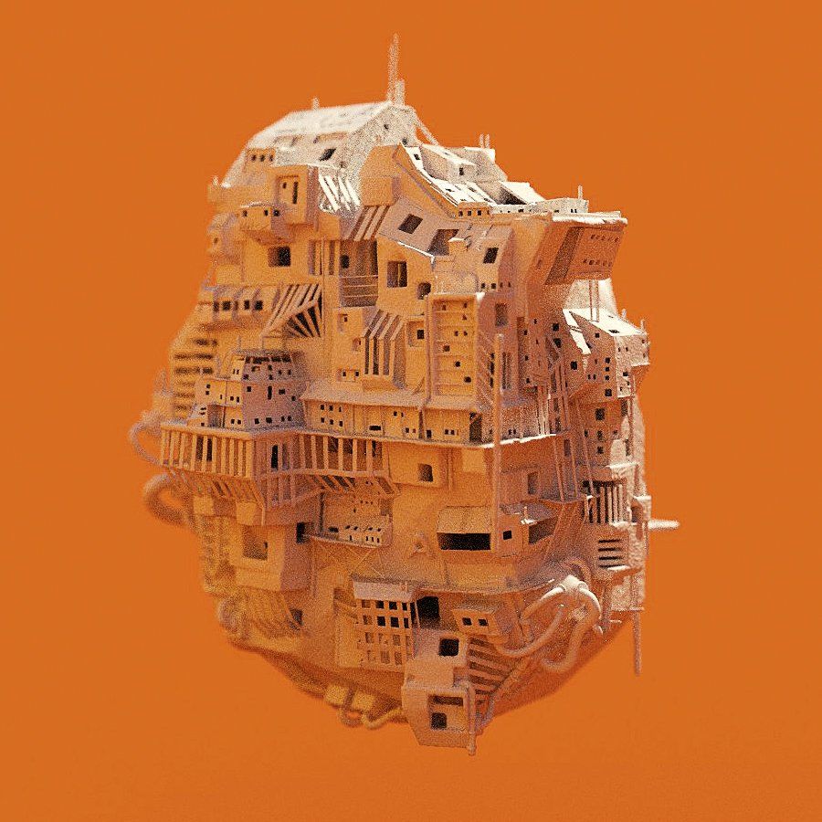 A cluster of stacked cardboard-coloured houses floating as a single mass against an orange background