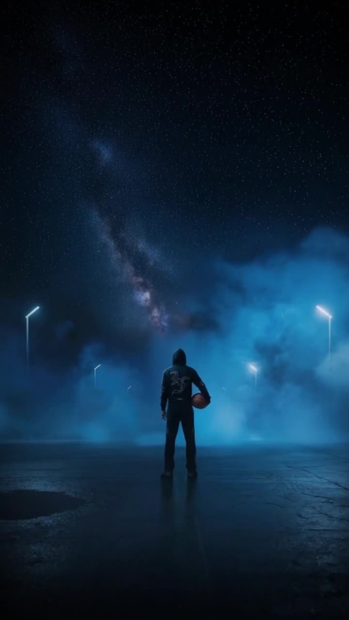 La France concept video — a lone figure in a hooded jacket standing on a dark wet ground under a star-filled night sky