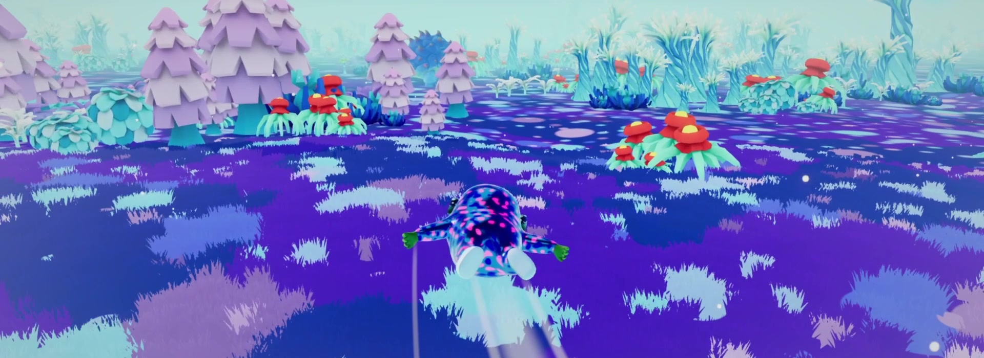 Avalunas — a spotted Luna flies low over purple grass towards pink trees and red flowers