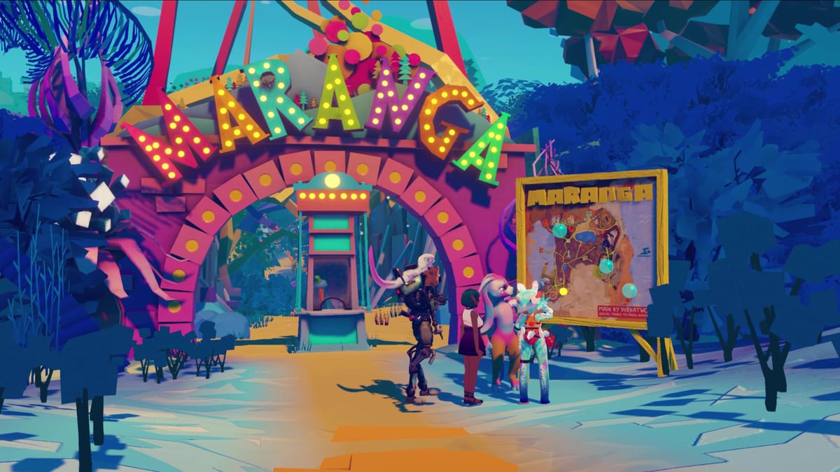 Maranga — a neon gate at the entrance to a low-poly tropical park at dusk