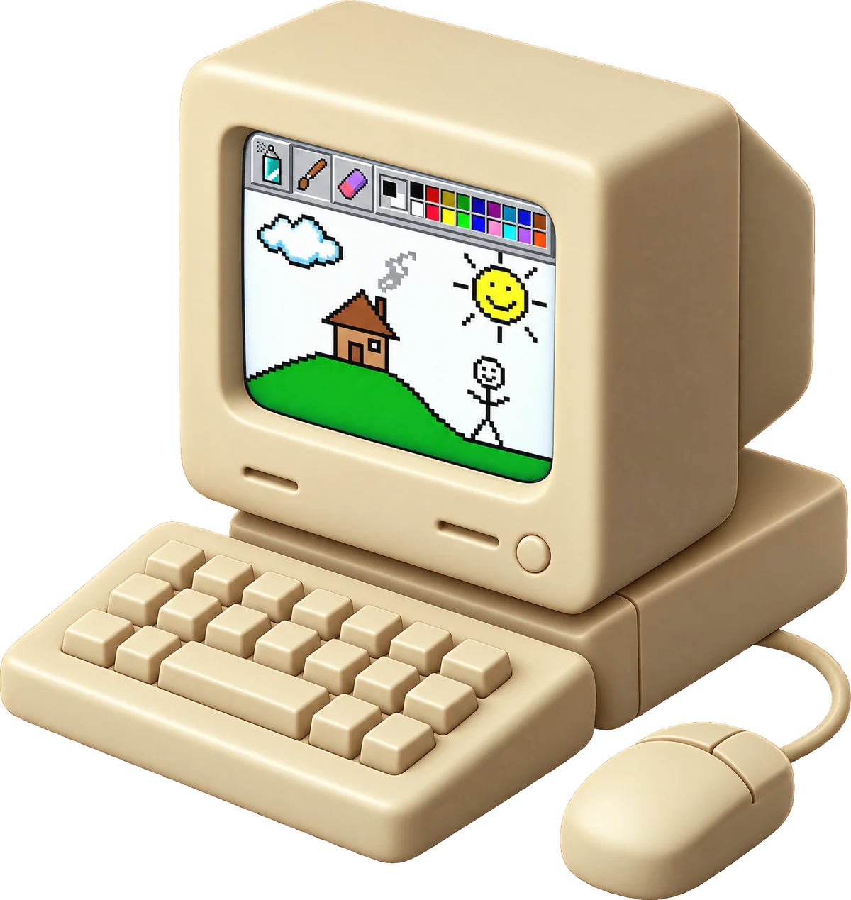 A beige retro computer with a pixel drawing of a house, a sun and a stick figure on its screen