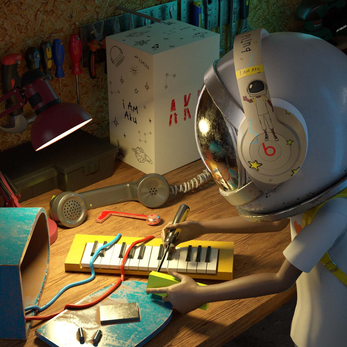 Beats by Dre × Aku — custom hand-drawn Beats Studio headphones on a workshop bench