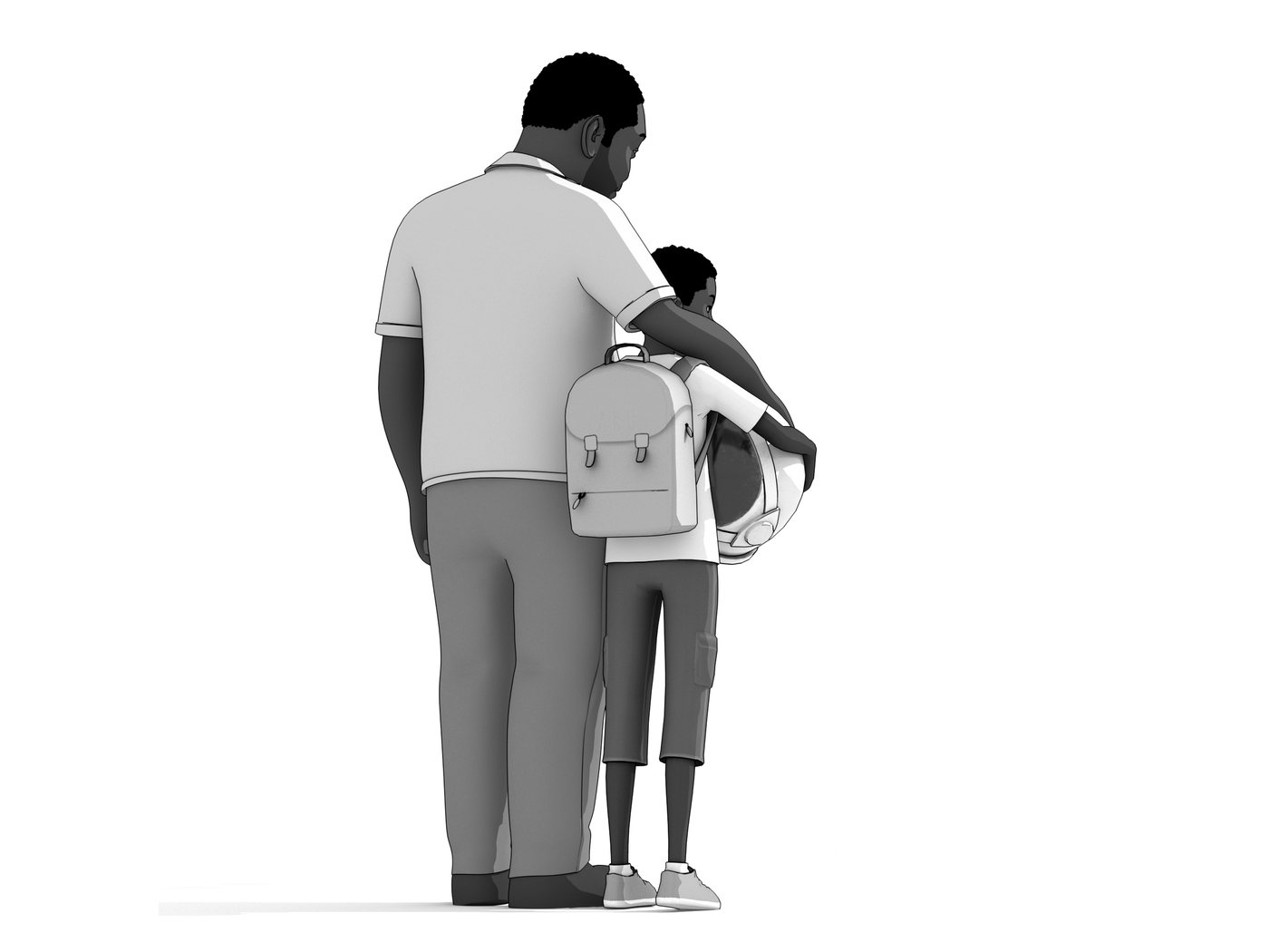 Interior illustration — Aku’s father with an arm around him, both seen from behind, Aku carrying his helmet