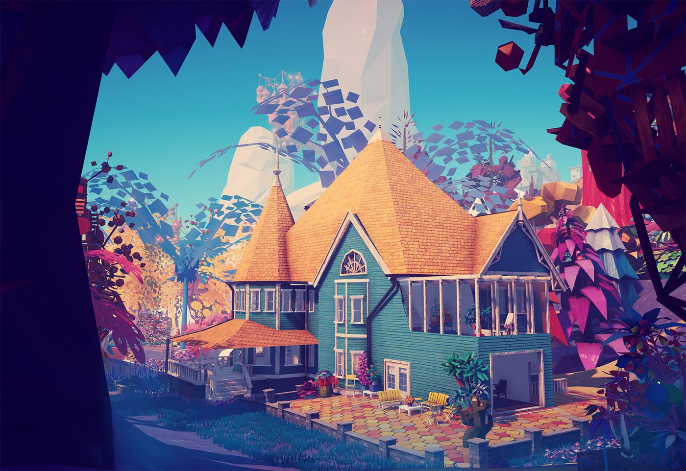 Maranga — a blue gabled house in a low-poly tropical park