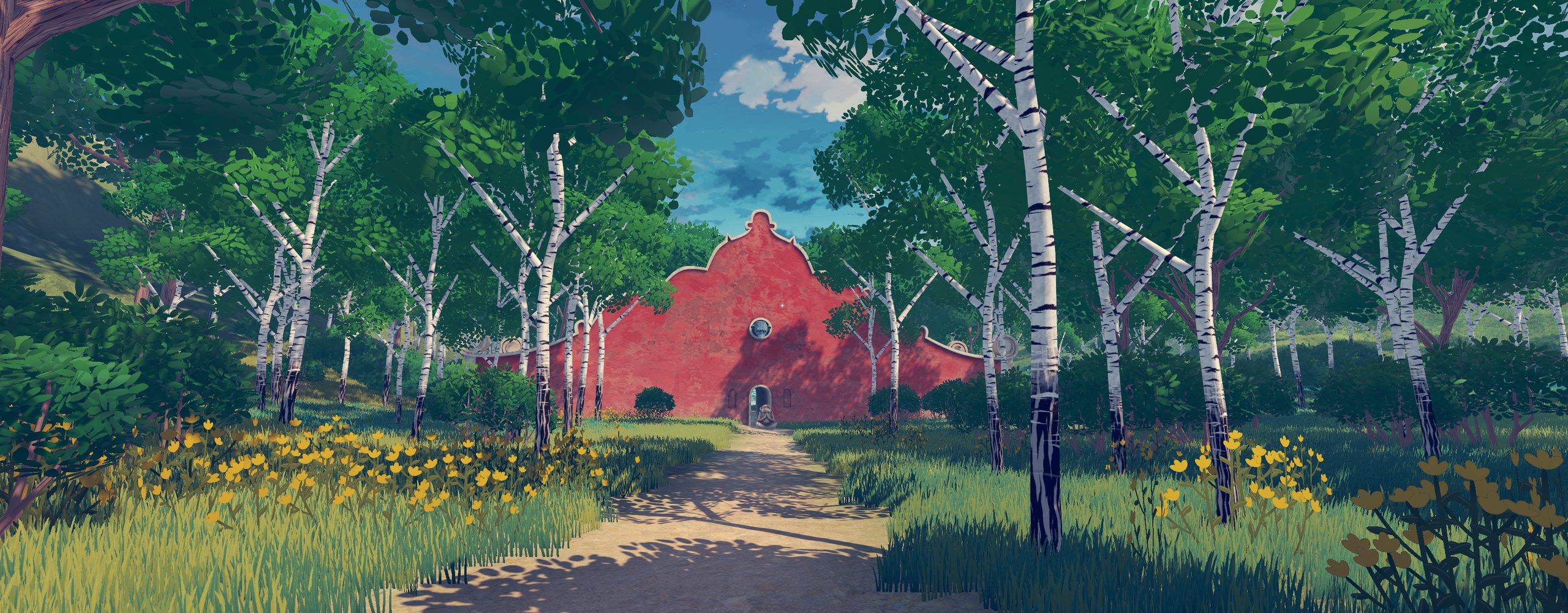 Suku — a red colonial gable at the end of a birch-lined path