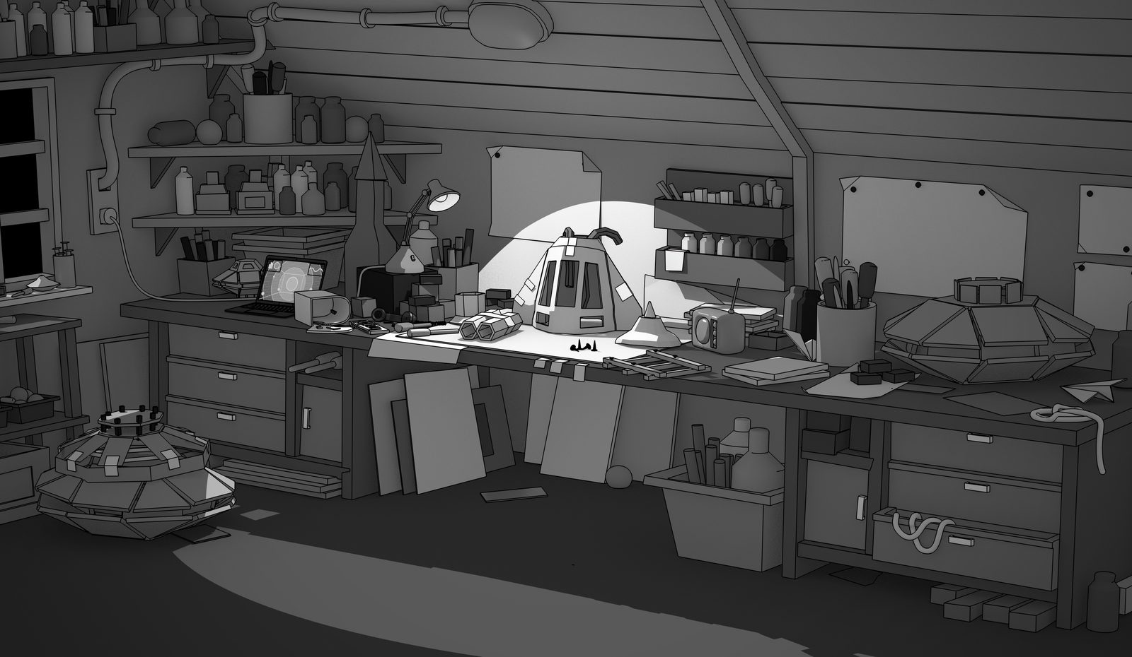 Interior illustration — a cluttered attic workbench with Aku’s helmet under a desk lamp, half-built machines on the floor