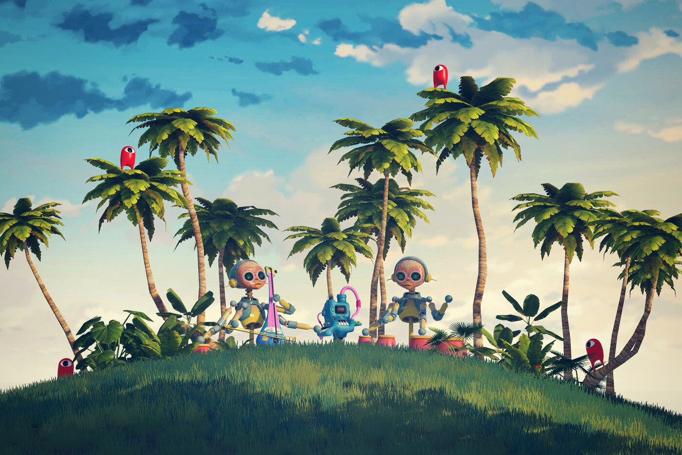 DURKATWORK VR worlds — three characters on a palm-covered hill