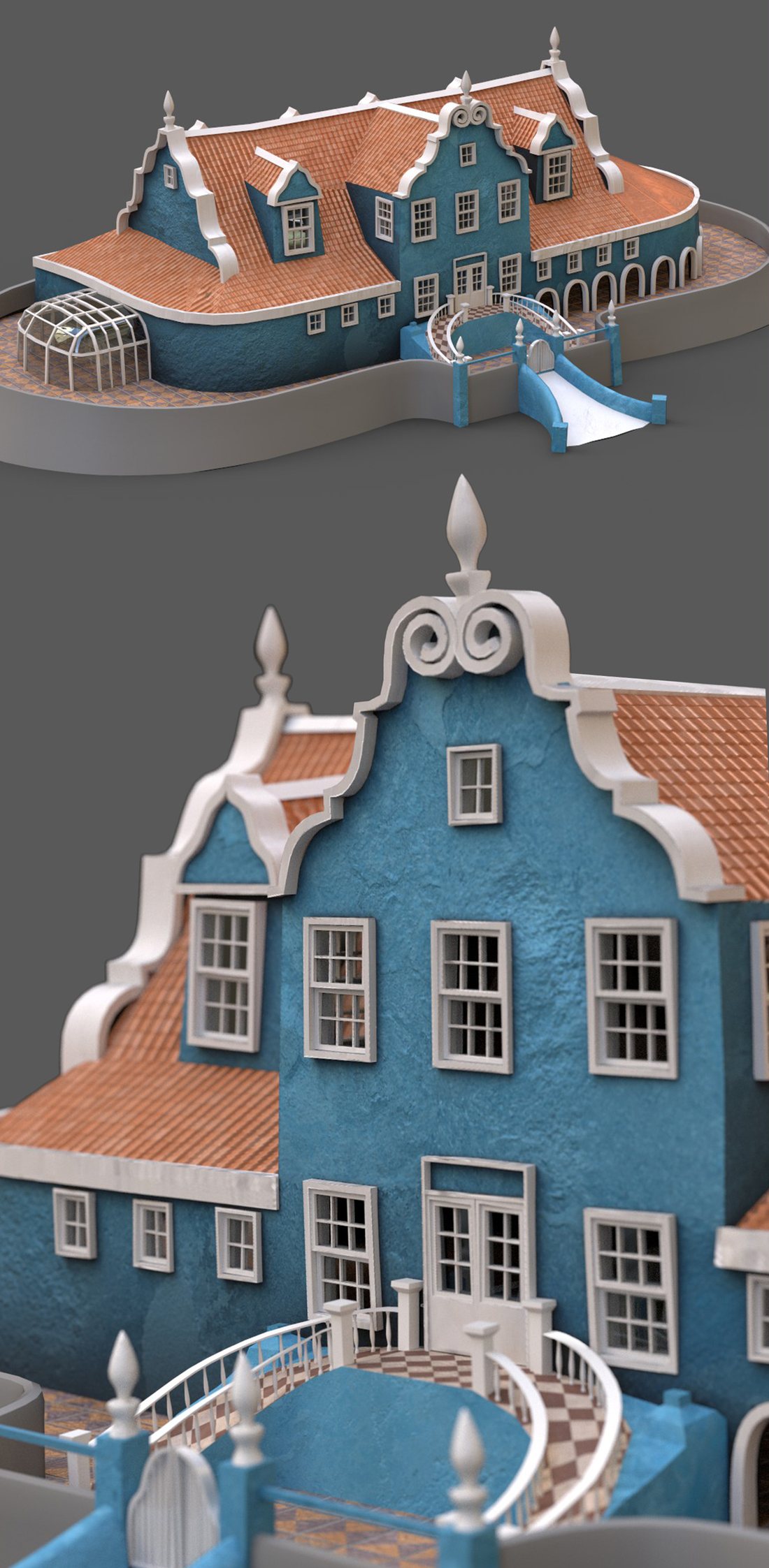 Suku — the blue gabled house modelled in VR, seen from above and up close